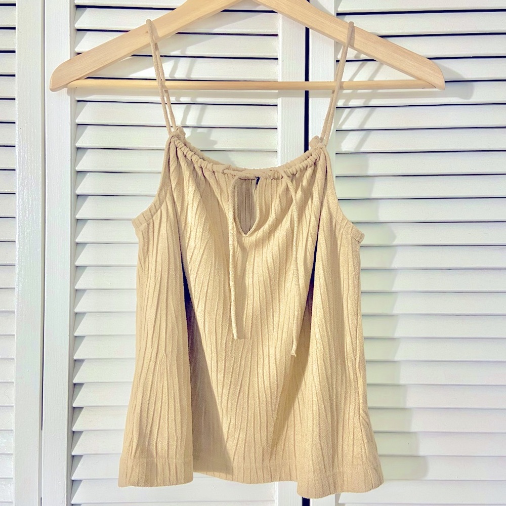 Vintage 90s Esprit Tan Poly-Suede Textured Drawstring Strap Cami XS
